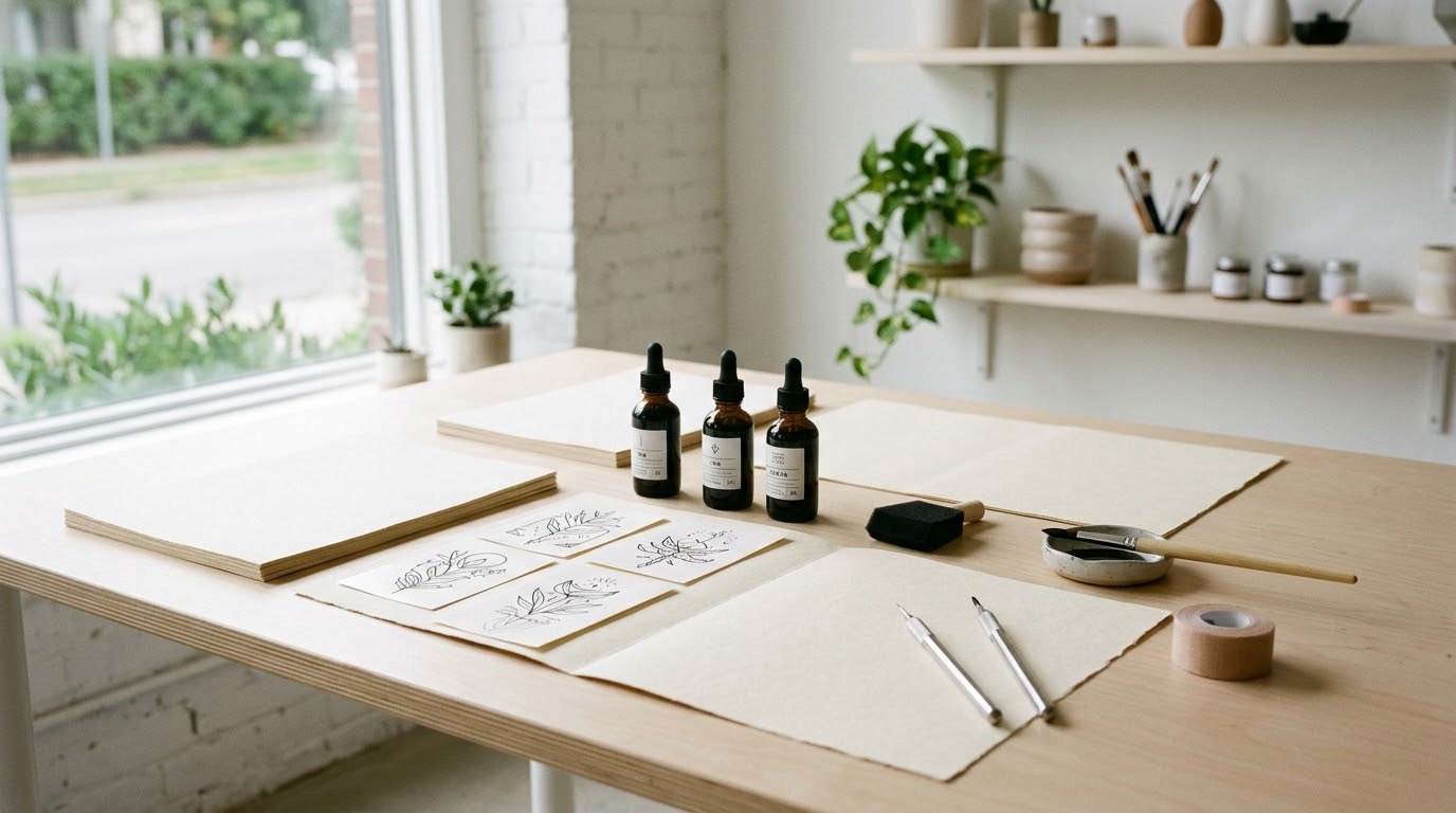 Temporary tattoo sheets laid out on a studio table
